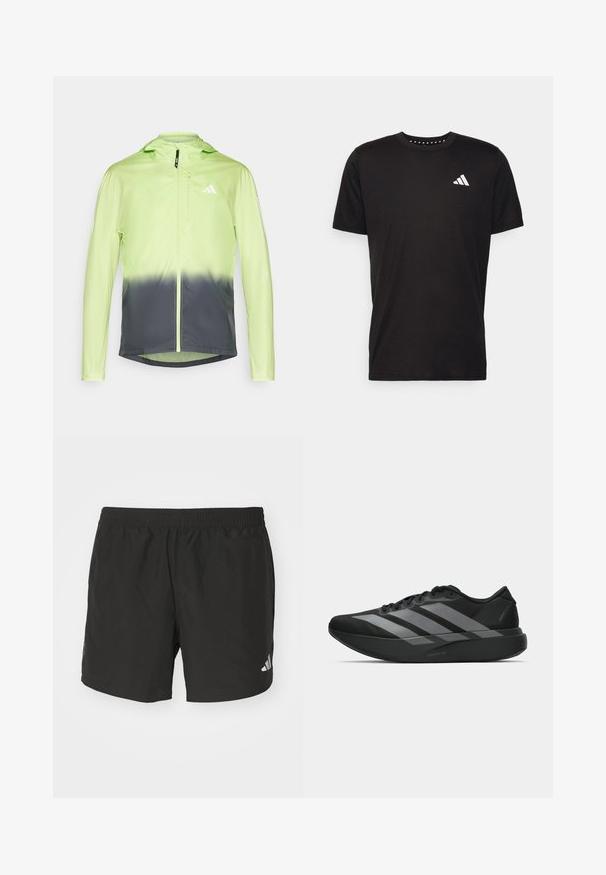 Giacca leggera con un design gradient, di un vivace verde lime che sfuma in grigio scuro, dotata di cappuccio e chiusura con zip.; T-shirt in cotone nero con maniche corte, scollo rotondo e logo bianco sul lato sinistro del petto. Texture liscia e design semplice.; Pantaloni corti sportivi neri con vita elastica, fessure laterali e dettagli riflettenti del logo. Realizzati in un tessuto leggero e liscio.; Scarpe sportive nere con un design leggero, caratterizzate da tre strisce grigie prominenti, una superficie liscia e una suola sagomata.