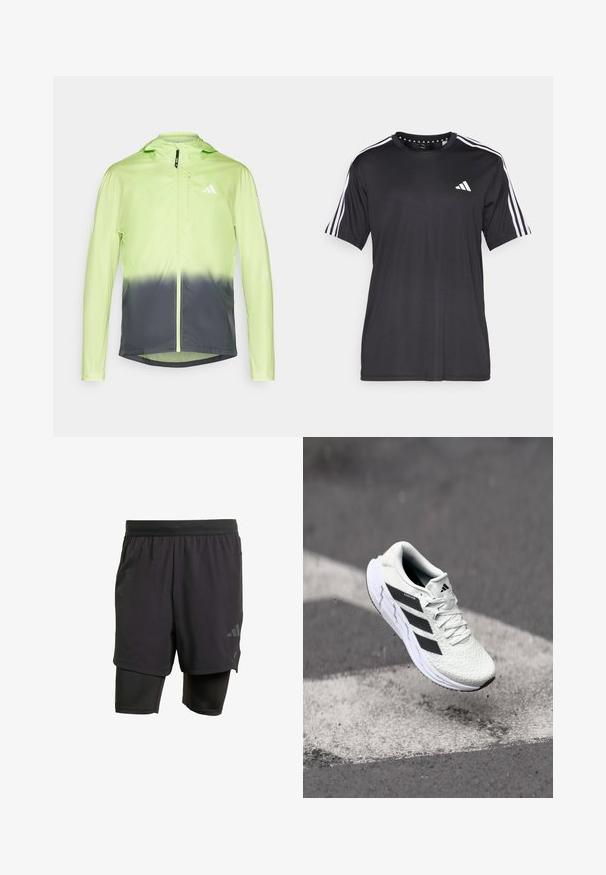 Lett jakke med gradientdesign, lys limegrønn som går over i mørk grå, med hette og glidelås.; Svart kortermet t-skjorte med hvit tre-stripesdesign på skuldrene og logo på brystet. Laget av pustevennlig stoff med glatt tekstur.; Svarte sportshorts med integrert indre lag, laget av pustende stoff. Har subtilt logo og strukturert tekstur. Justerbar midje.; Hvit sportsko med teksturert mesh-overdel, svarte striper, snøring og en polstret såle, svevende over en markert veidoverflate.