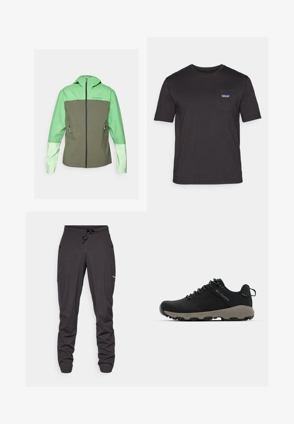 Peak Performance TRAIL JACKET - Nepropusna jakna - peppermint/pine needle/vivid green; Crni majica kratkih rukava od pamuka, s džepom na prsima i plavim Patagonia logotipom s lijeve strane.; Crne atletske hlače svezane sa vezicom, bočni džepovi, blago naborana tkanina i mali vidljivi logo na desnom bedru.; Crne planinarske cipele s glatkim gornjim dijelom, perforiranim dizajnom, sivoj potplati i ojačanim petom. Sadrže vezice i petlju za lakše oblačenje.
