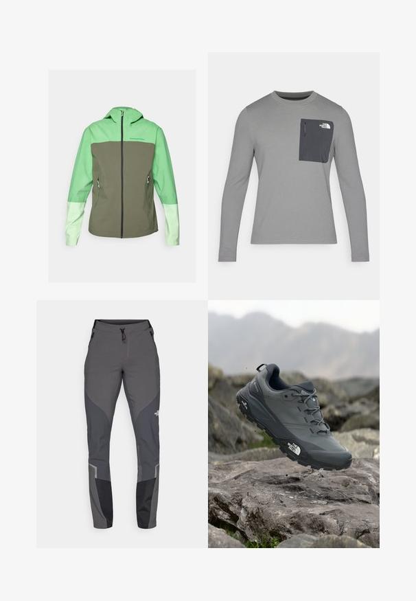 Peak Performance TRAIL JACKET - Hardshell jacket - peppermint/pine needle/vivid green; Langermet grå skjorte med strukturert stoff, med en mørk grå brystlomme og glidelås. Logo på lommen i hvitt.; Grå tursbukser med en innsnevret design, flere lommer og kontrasterende mørkegrå og svarte detaljer. Laget av et fleksibelt, slitesterkt materiale.; Grå terrengløpesko med en teksturert overdel, slitesterk gummisåle og forsterket tåhette. Inkluderer snørebånd og merkevarelogo på siden.