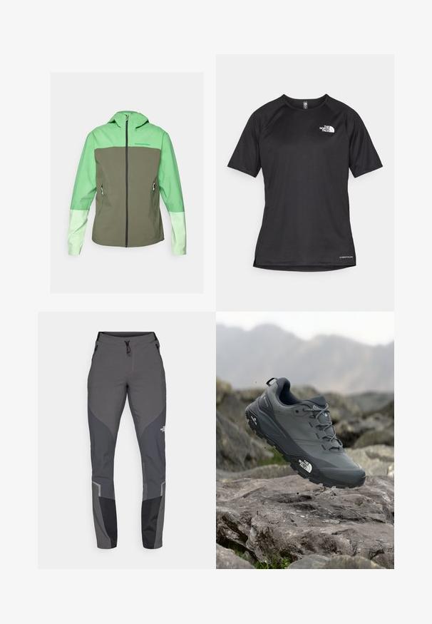 Peak Performance TRAIL JACKET - Hardshelljacke - peppermint/pine needle/vivid green; Schwarzes kurzärmliges Sportshirt aus strukturiertem Stoff, mit einem weißen Logo auf der linken Brust und einem geraden Saum.; Graue Wanderhosen mit tailliertem Design, mehreren Taschen und kontrastierenden dunkelgrauen und schwarzen Akzenten. Hergestellt aus einem flexiblen, strapazierfähigen Material.; Grau Trailrunning-Schuh mit einer strukturierten Oberseite, haltbarer Gummisohle und verstärkter Zehenkappe. Verfügt über Schnürsenkel und ein Markenlogo an der Seite.