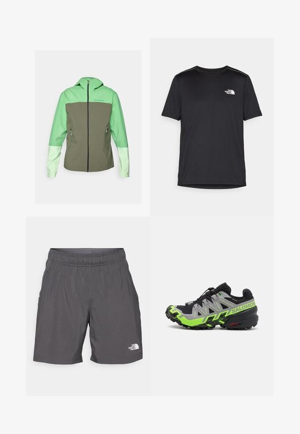 Peak Performance TRAIL JACKET - Chaqueta Hard shell - peppermint/pine needle/vivid green; Camiseta negra de manga corta hecha de tejido ligero. Presenta un pequeño logo blanco en el lado izquierdo del pecho y sutiles acentos en los hombros.; Pantalones cortos ligeros y grises con una cintura elástica, bolsillos laterales y un pequeño logo blanco en la parte inferior de la pierna izquierda. Textura suave y diseño casual.; Zapatilla de trail running negra y gris con detalles en verde brillante, que presenta una suela texturizada, un sistema de cordones avanzado y un diseño robusto.