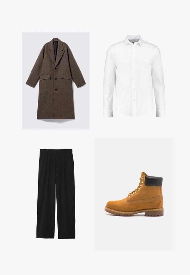 Pikk pruun ruuduline sulejope musta voodriga, kolm musta nööpi, laiad kraed ja kaks ees asuvat klapptaskut, esitletud tasapinnal valgel taustal.; Valge pika varrukaga nööbitav särk, valmistatud siledast puuvillast. Omab klassikalist kraed ja nööpidega esist, sirge hemiga.; Mustad laiad püksid pleediga esiosas, küljetaskud ja sile kangas. Disainitud mugavaks istuvuseks.; Küpset tan suede sääreboot musta pehmea kraega, kuldsed metallist silmad, valge õmblemise detailid ja robustne kummist tallaga, millel on väljendunud mustrid.
