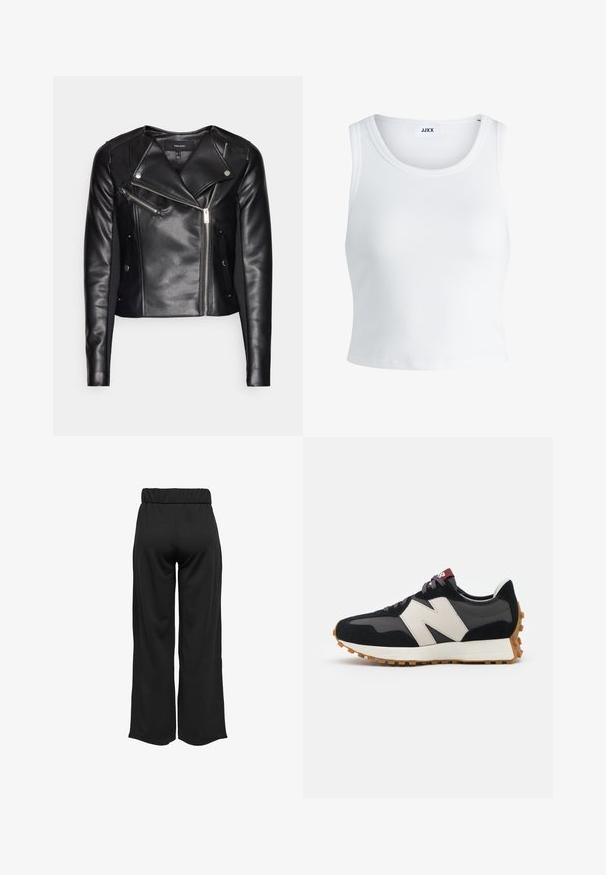 Juodas odinis motociklininko švarkas su asimetriniu priekiu užtrauktuku, atvartų apykakle ir užtrauktukais užsegamomis kišenėmis; lygi tekstūra ir prigludusi forma.; Balta raukšlėta tank top marškinėliai su apvaliu iškirpimu, be rankovių dizainu ir trumpa ilgio. Etiketėje parašyta "JJXX." Lygus audinio paviršius.; Juodos, plačios kelnės su elastinga juosta, pagamintos iš lygaus audinio. Pasižymi švariu dizainu, be kišenių ar matomų siūlių detalių.; Juoda ir pilka zomšinė sportinė avalynė su dideliu kreminiu "N" logotipu, violetinėmis raištelėmis ir tekstūruota gumos padu.