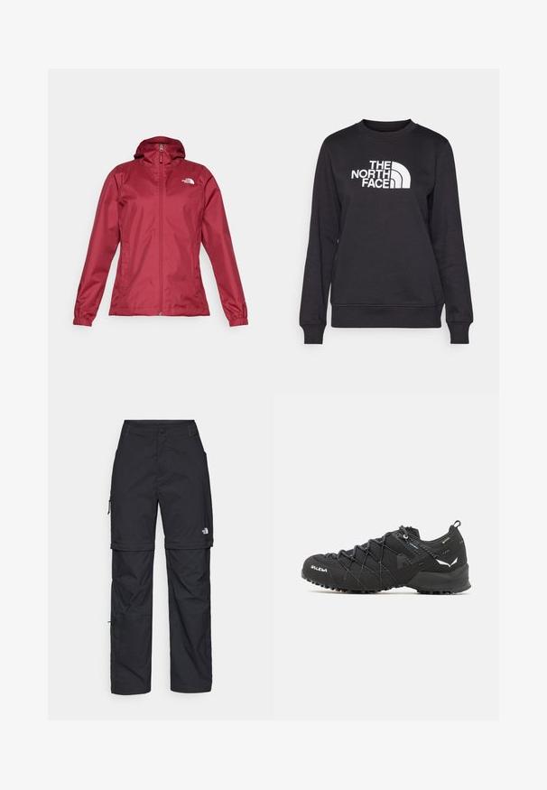 The North Face QUEST JACKET - Regnjakke / vandafvisende jakker - beetroot; Sort sweatshirt med rund hals, lange ærmer, ribbede manchetter og et hvidt "The North Face" logo centreret på fronten. Glat tekstur.; Sorte nylon cargo bukser med lynlås, justerbare manchetter, flere lommer og et logo på højre ben. Glat, let tekstur.; Sorte vandresko med en tekstureret stofoverdel, snøresystem og robust gummisål. Accenteret med reflekterende detaljer og logoer.