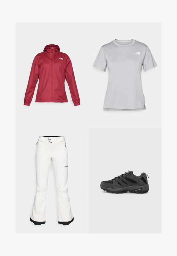 The North Face QUEST JACKET - Waterproof jacket - beetroot; Grey short-sleeve t-shirt made of soft, moisture-wicking fabric. Features a crew neck and a small white logo on the upper left.; White ski pants made from soft, flexible material. Features a fitted waist, wide flared legs, and black trim at the cuffs. Brand logo visible.; Columbia REDMOND - Hiking shoes - black/citron haze
