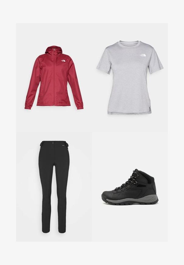 The North Face QUEST bordowy; Szara, krótkozasięgowa koszulka wykonana z miękkiego, odprowadzającego wilgoć materiału. Posiada okrągły dekolt oraz małe białe logo w górnym lewym rogu.; Czarne, dopasowane spodnie wykonane z elastycznego materiału. Cechy to kieszeń boczna na zamek, strefowe kolana oraz gładka faktura.; Czarne buty trekkingowe z średnim cholewem, z teksturowaną cholewą, szarymi akcentami oraz trwałą gumową podeszwą z wypustkami zapewniającymi przyczepność.