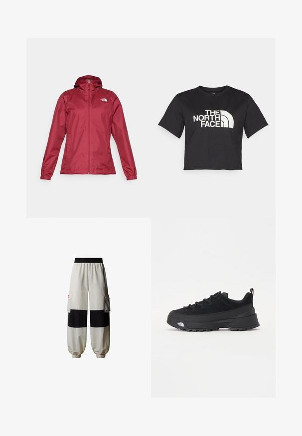 The North Face QUEST JACKET - Waterproof jacket - beetroot; Black cropped t-shirt made of cotton, featuring a white logo with curved accents and text "THE NORTH FACE" on the front. Short sleeves, crew neck.; The North Face HIMALAYAN - Cargo trousers - white dune tnf black; Black outdoor sneaker with a suede upper, textured rubber sole, and sturdy lacing system. Features a reinforced heel and brand logo on the side.