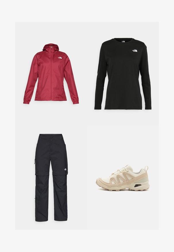 The North Face QUEST JACKET - Waterproof jacket - beetroot; Black long-sleeve t-shirt made of cotton with a round neck. Features a small white logo on the left chest area. Simple design and fit.; Black nylon zip-off cargo trousers with adjustable cuffs, multiple pockets, and a logo on the right leg. Smooth, lightweight texture.; Beige and cream athletic shoe with textured mesh upper, supportive overlays, and rubber outsole featuring a tread pattern for traction.