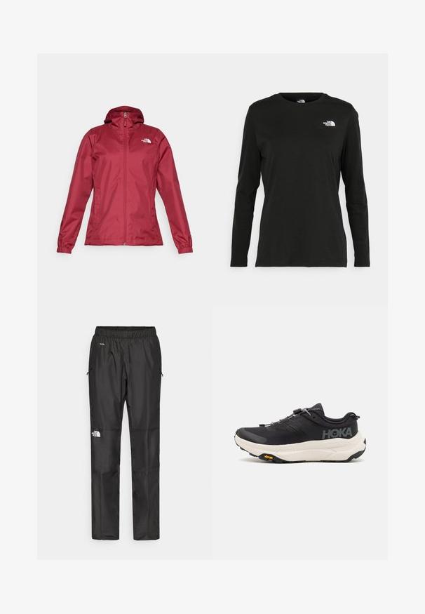 The North Face QUEST JACKET - Waterproof jacket - beetroot; Black long-sleeve t-shirt made of cotton with a round neck. Features a small white logo on the left chest area. Simple design and fit.; Black waterproof pants made from lightweight fabric, featuring an elastic waistband, side pockets, and a logo on the left leg.; Black athletic shoes with a breathable mesh upper, rubber outsole, white cushioning midsole, and reflective laces. Vibram logo on outsole.
