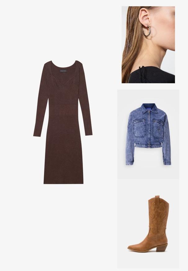 Denimjakke i lys blå med cropped design, to forlommer, metallisk lynlås og kontrasterende syninger.; Brun ribbet langærmet kjole med scoop-halsudskæring og tætsiddende silhuet. Har V-formet stikningsdetalje på bodicen.; Tan læder cowboystøvle med spids tå, broderede svirvelmønstre på skaftet og en stablet blokhæl. Har en træksløjfe for nem af/på.; Sølv hoop ørestik med en poleret overflade, prydet med små guld accenter og en rund form, båret på øreflippen.