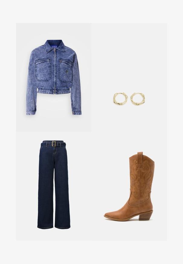 Leren spijkerjack in lichtblauw met een cropped ontwerp, twee voorzakken, metalen rits en contrasterende stiksels.; Overhemd met knopen en verticale strepen in tinten blauw, zwart en wit. Gemaakt van gladde stof met een klassieke kraag en knoopsluiting.; Donkerblauwe wijde denim broek met gestikte zakken en een bijpassende riem met een grote rechthoekige gouden gesp.; Tan leren cowboylaars met puntige neus, geborduurde spiraalpatronen op de schacht en een gestapelde blokhak. Voorzien van een trekband voor gemakkelijke aan- en uittrekken.; Gouden creolen met een textuur en onregelmatige vorm. Voorzien van een naadloze sluiting en een gepolijste afwerking, wat het moderne ontwerp benadrukt.