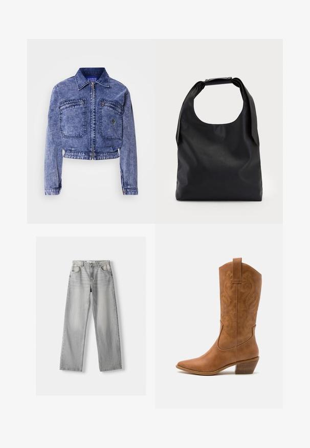 Giacca di jeans blu chiaro con design corto, due tasche frontali, zip metallica e dettagli di cuciture a contrasto.; Blusa bianca a maniche lunghe con colletto classico, chiusura frontale con bottoni e dettaglio arricciato sui lati. Tessuto liscio con una forma sartoriale.; Jeans in denim grigio chiaro con design a gamba dritta, dotati di due tasche anteriori, chiusura con bottone e una leggera scoloritura per texture.; Stivale cowboy in pelle marrone chiaro con punta affusolata, modelli ricamati a spirale sull'asta e tacco a blocco impilato. Presenta una linguetta per una facile calzata.; Borsa a mano in pelle nera con un ampio apertura superiore e una singola tracolla. Texture morbida, design minimalista, con sottili accenti in metallo.; Orecchino a cerchio in argento con finitura lucida, caratterizzato da piccoli dettagli in oro e una forma tondeggiante, indossato sul lobo.
