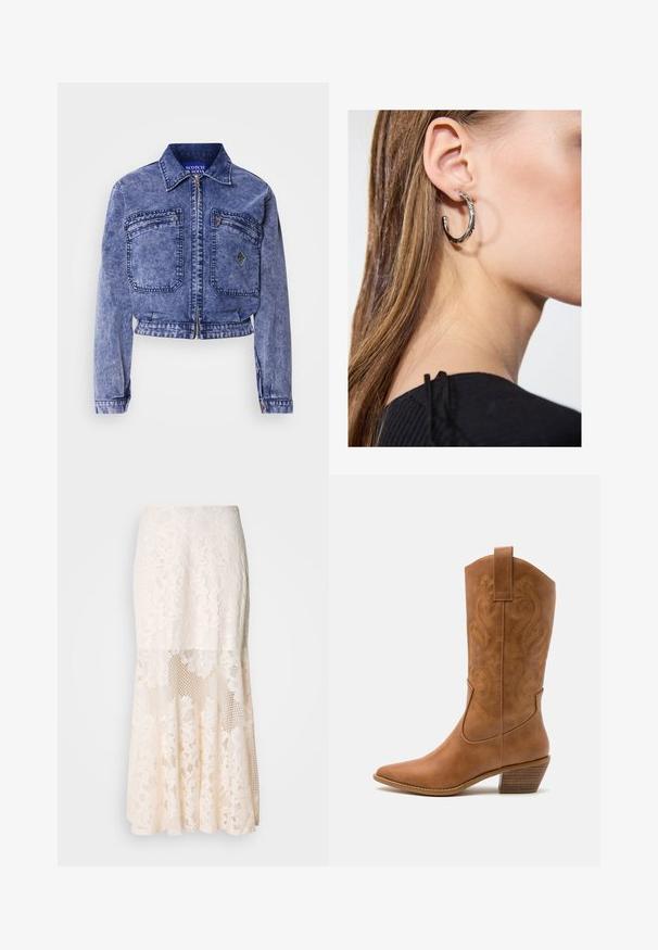 Jasnoniebieska kurtka dżinsowa o skróconym kroju, z dwiema przednimi kieszeniami, metalowym zamkiem błyskawicznym i kontrastującymi detalami w szwie.; Czarny top na ramiączkach wykonany z miękkiego, rozciągliwego materiału. Posiada okrągły dekolt i szerokie ramiączka, ma dopasowany krój oraz gładką fakturę.; Kremowa spódnica midi z koronkowym wzorem; charakteryzuje się warstwowym fasonem z przezroczystymi sekcjami, teksturowaną koronką i falbaniastym dołem.; Brązowe skórzane kowbojki z wyciągniętym nosem, haftowanymi wzorami spiralnymi na cholewie oraz blokowym obcasem. Posiadają pętlę ułatwiającą zakładanie.; Srebrny kolczyk w kształcie koła z polerowanym wykończeniem, z małymi złotymi akcentami, noszony na płatku ucha.