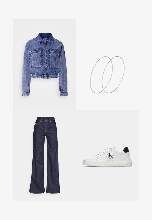 Denimjakke i lys blå med cropped design, to forlommer, metallisk lynlås og kontrasterende syninger.; Hvid bomulds T-shirt med et trykt illustrativt motiv af to kvinder i urban mode med en hund på et fodgængerfelt og bybygninger.; Mørkeblå bredbenede jeans i denimstof med høj talje, prydet med orange stikninger, fem-lomme design og knaplukning.; Hvide lavtoppede sneakers med sort hælkænke, platformssål, snørebånd og Calvin Klein "CK" logo på siden.; Sølvøreringe med et minimalistisk design. Cirkulær form, glat tekstur og tynd profil. Letvægtige med en poleret overflade.
