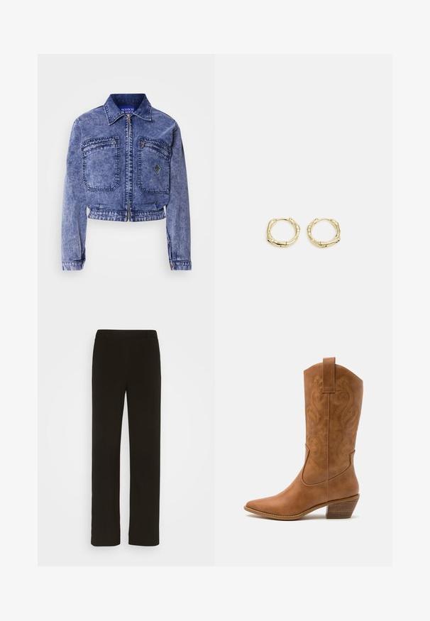 Šviesiai mėlyna džinsinė striukė su sutrumpintu dizainu, dviem priekiniais kišenėmis, metaline užtrauktuku ir kontrastingomis siuvimo detalėmis.; Juodas be rankovių golfo tipo megztinis, pagamintas iš lygaus audinio. Prigludęs dizainas su aukšta apykakle ir tiesia apačia, minimalistinis ir vienos spalvos.; Juodi tiesūs kelnės, pagamintos iš audinio, turinčios lygų priekį, dvi šonines kišenes ir glotnų paviršių. Nėra matomų raštų ar akcentų.; Ruda odinė kantri batai su smailiu būtų pirštu, siuvinėtais spiralės raštais ant viršaus ir su kamščiu blokuotu kulnu. Yra tamprių užtraukių, kad būtų lengviau užsidėti.; Aukso žiedo auskarai su tekstūruotu, netaisyklingu paviršiumi. Yra be siūlių užsegimas ir poliruotas paviršius, akcentuojantis modernų dizainą.