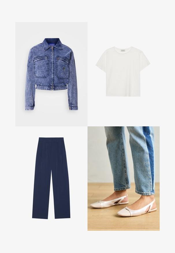 Jeansjacke in Hellblau mit einem cropped Design, zwei Vordertaschen, metallischem Reißverschluss und kontrastierenden Steppnähten.; Weißes T-Shirt mit kurzen Ärmeln aus weicher Baumwolle. Verfügt über einen runden Halsausschnitt und eine lockere Passform. Sauberes Design ohne sichtbare Muster oder Akzente.; Himmelblaue Weitbundhosen aus weichem Stoff, mit vorderen Falten, glatter Oberfläche und einem geraden Schnitt ohne sichtbare Taschen.; Blassrosa Slingback-Ballerinas mit spitzem Punkt, aus einem glatten, lederähnlichen Material. Mit Ausschnitten an den Seiten und einem flachen Absatz.