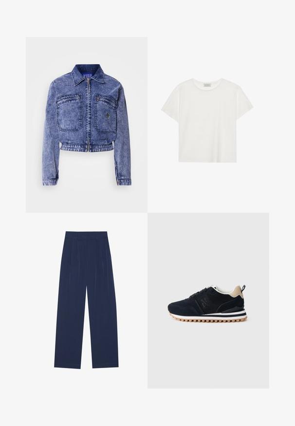 Denimjakke i lys blå med cropped design, to forlommer, metallisk lynlås og kontrasterende syninger.; Hvid kortærmet T-shirt lavet af blødt bomuld. Har en rund halsudskæring og en afslappet pasform. Rent design uden synlige mønstre eller accenter.; Marineblå bredbenede bukser lavet af blød stof, med frontfolder, en glat tekstur og en lige pasform uden synlige lommer.; Marineblå sportsko med mesh- og ruskindsoverdel, beige accenter, hvid mellemsål og tekstureret gummisål med mønstret tread.