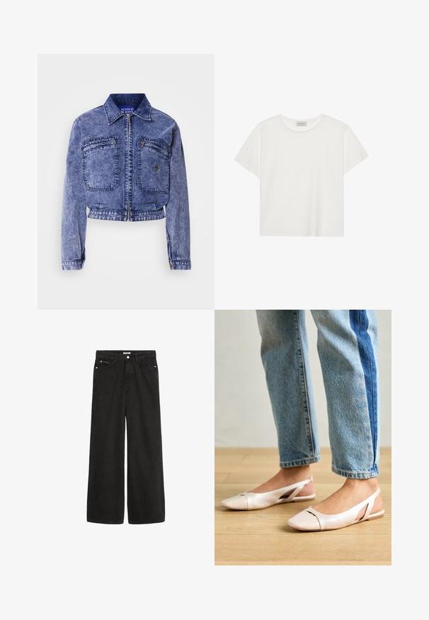 Denimjakke i lys blå med cropped design, to forlommer, metallisk lynlås og kontrasterende syninger.; Hvid kortærmet T-shirt lavet af blødt bomuld. Har en rund halsudskæring og en afslappet pasform. Rent design uden synlige mønstre eller accenter.; Bredde ben sorte denim jeans med høj talje. Har fem lommer, metalhardware og en ren finish. Teksturen er glat og blød.; Lyserøde slingback flade sko med spidse tær, lavet af et glat læderlignende materiale. Har udskæringsdetaljer på siderne og en flad hæl.