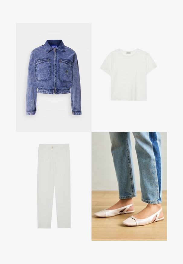 Denim jacket in light blue with a cropped design, two front pockets, metallic zipper, and contrasting stitching details.; White short-sleeve T-shirt made of soft cotton. Features a round neckline and relaxed fit. Clean design with no visible patterns or accents.; White, tailored trousers with a straight leg design, featuring a button closure, belt loops, and side pockets; smooth fabric texture.; Pale pink slingback flats with a pointed toe, made from a smooth leather-like material. Features cut-out details at the sides and a flat heel.