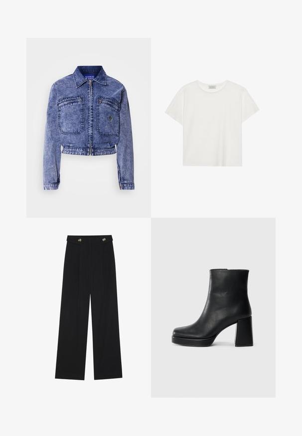 Denim jakna v svetlo modri barvi z skrajšanim dizajnom, dvema sprednjima žepoma, kovinskim zadrgo in kontrastnimi šivi.; Bela kratkotrajna majica s kratkimi rokavi, narejena iz mehke bombažne tkanine. Ima okroglo ovratnico in sproščen kroj. Čist dizajn brez vidnih vzorcev ali akcentov.; Črne široke hlače s visokim pasom, gumbnimi detajli na pasu in sprednjimi gubami.; Črne usnjene gležnjarje z blok peto in platformo, prikazane s strani na enobarvni beli podlagi.