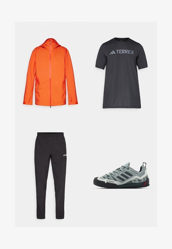 Oranje jas met capuchon, met een ritssluiting aan de voorkant, twee zijzakken en contrasterende ritssluitingdetails. Gladde, weersbestendige stof.; Zwarte korte mouwen t-shirt van lichtgewicht stof, met een lichtgrijze "TERREX" logo over de borst en een ronde hals.; Zwarte sportbroek met een elastieke tailleband, twee zijzakken met rits en een logo op de bovenkant van het rechterbeen. Soepele, lichte stof.; Grijze klimschroeve met een gestructureerde bovenkant, zwarte rubberen neuskap, drie donkere strepen en een klein rood accent op de zool.