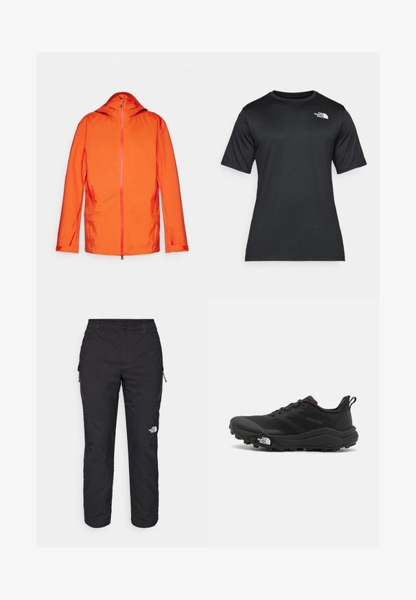 Narančasta jakna s kapuljačom, s prednjim patentnim zatvaračem, dva bočna džepa i kontrastnim detaljima na patentnom zatvaraču. Glatka, vremenski otporna tekstura tkanine.; Crna majica kratkih rukava od lagane, prozračne tkanine koja upija vlagu. Ima bijeli logo na lijevoj strani prsnog koša i okrugli izrez.; The North Face WINTER EXPLORATION TAPERED CARGO - Hlače za otvoreno - black; Crne trail trkačke cipele s teksturiranim gornjim dijelom, gumeni potplat i ojačana zaštita za prste. Imaju podstavljen ovratnik i trakicu za lakše obuvanje.