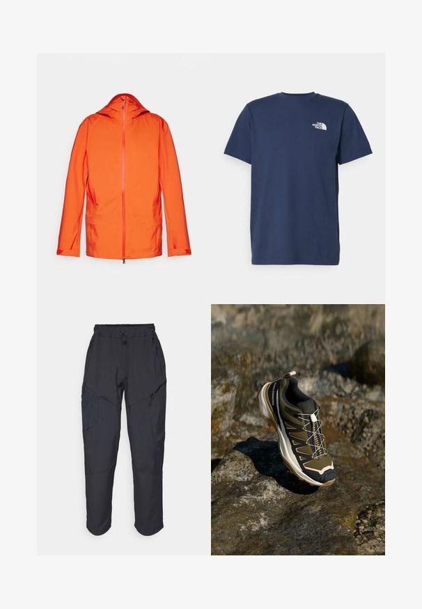 Giacca arancione con cappuccio, presenta una chiusura frontale con zip, due tasche laterali e dettagli della zip in contrasto. Tessuto liscio e resistente alle intemperie.; T-shirt in cotone blu navy con maniche corte e scollatura a girocollo. Presenta un piccolo logo bianco sul lato sinistro del petto. Tessuto liscio.; Pantaloni cargo neri realizzati in un materiale leggero e resistente all'acqua; presentano una vita elastica, diverse tasche con zip e gambe affusolate.; Scarpe da escursionismo in verde oliva e nero con dettagli rosa. Presentano una parte superiore testurizzata, suola flessibile, puntale rinforzato e un vivace sistema di allacciatura.