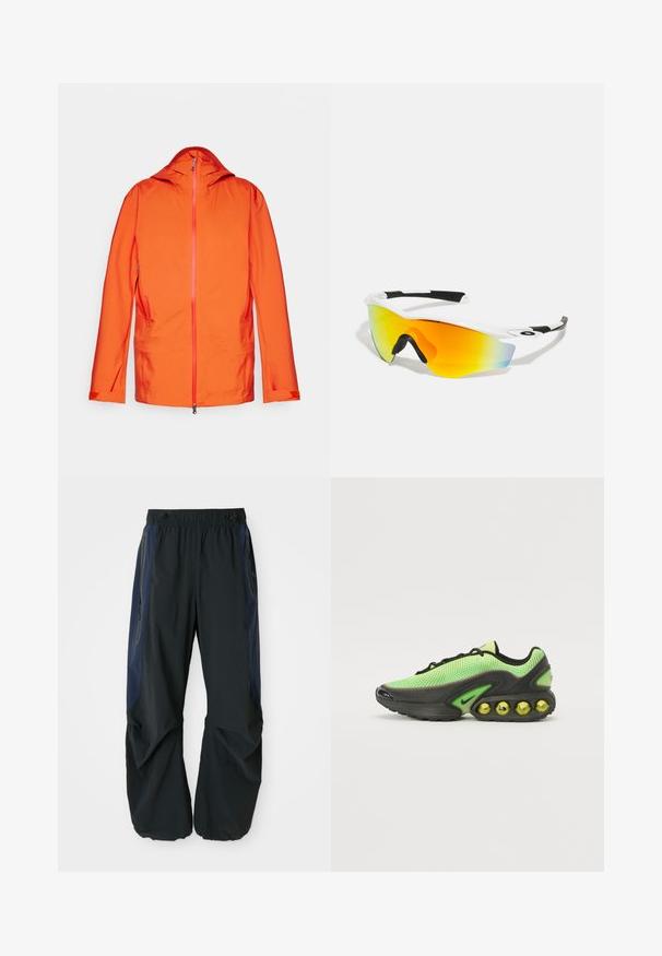Veste orange avec capuche, dotée d'une fermeture éclair devant, de deux poches latérales et de détails de fermeture éclair contrastants. Texture de tissu lisse et résistant aux intempéries.; T-shirt en coton blanc arborant un grand logo orange "NIKE" ainsi qu'un texte vert indiquant "SPORTSWEAR ENGINEERED" et d'autres spécifications.; Pantalons d'extérieur noirs avec une coupe décontractée, dotés d'une taille élastique, de panneaux latéraux navy et de poches zippées des deux côtés.; Baskets Nike avec un dessus en mesh vert vif, des accents noirs et une semelle distinctive avec des bulles d'air jaunes visibles.; Lunettes de sport blanches avec un design incurvé, des accents en caoutchouc noir et une lentille miroir orange-jaune qui se transforme en bleu.