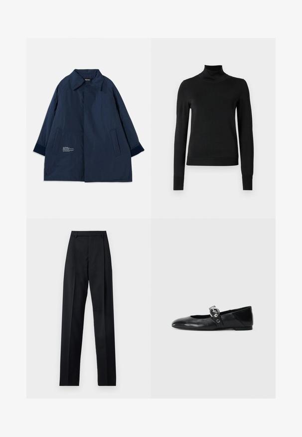 Tumesinine mantel kergest, vett hülgavast kangast, millel on kaarjas krae, küljetaskud ja valge tekstidetaile vasakul küljel.; Mustmusterta mustaga pikkade varrukatega kõrge kaelusega sviiter, millel on ribakudumisega mansetid ja äär, esitatud lihtsal valgel taustal.; Mustad püksid siledast kangast, millel on kõrge vöökoht, laiad jalad, esimesed kortsud ja klassikalised vööloopid. Küljepockets pole nähtavad.; Mustadest nahast balleti kingad terava varbaga, millel on rihm ümmarguse metallist pandlaga ja lame tald.