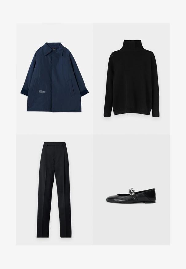 Navy blue coat in a lightweight, water-resistant fabric with a curved collar, side pockets, and white text detailing on the left side.; Black knitted sweater with a high ribbed collar, dropped shoulders, and a relaxed fit. Features ribbed cuffs and hem for texture.; Black trousers made from smooth fabric featuring a high waist, wide legs, front pleats, and classic belt loops. No side pockets visible.; Black leather ballet flats with a pointed toe, featuring a strap with a circular metallic buckle and a flat sole.