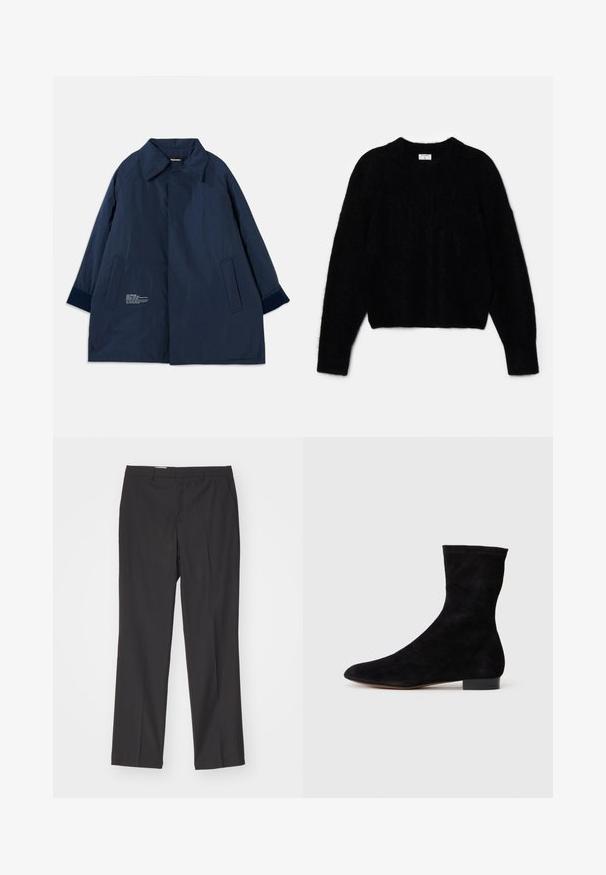 Tengerészkék kabát könnyű, vízálló anyagból, ívelt gallérral, oldalsó zsebekkel, és fehér szöveges részletezéssel a bal oldalon.; Fekete, rövidített pulóver bolyhos anyagból. Kerek nyakkivágással és hosszú ujjakon puha tapintású. Minimális design, minta nélkül.; Fekete, szabott nadrág egyenes szárú dizájnnal, övhurkokkal és sima textúrával, könnyű anyagból készült.; Fekete velúr bokacsizma, illeszkedő szárral, hegyes orral és alacsony blokk sarokkal. Simább felület és minimalista dizájn, amely sokoldalú stílushoz megfelelő.