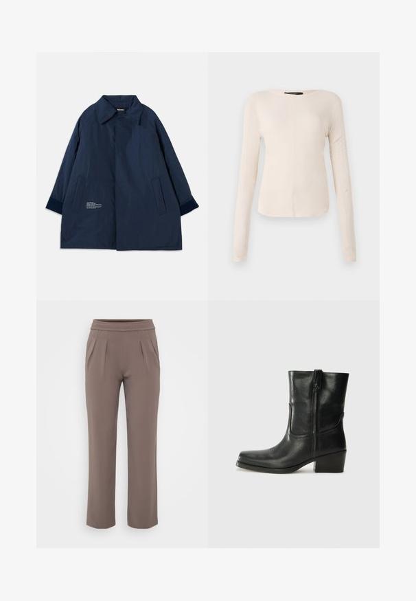 Navy blue coat in a lightweight, water-resistant fabric with a curved collar, side pockets, and white text detailing on the left side.; Long-sleeve, light beige top with a round neckline. Made of soft fabric, features a central seam and slightly curved hem. No visible hardware.; Taupe loose-fit trousers with elastic waistband and front pleats, made from smooth fabric.; Black leather ankle boot with a rounded toe, block heel, side zipper, and stitching accents on the vamp. Smooth texture, classic design.