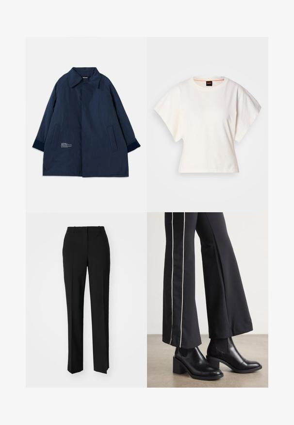 Mornarsko plavi kaput od laganog, vodootpornog materijala s zakrivljenim ovratnikom, bočnim džepovima i bijelim tekstualnim detaljima s lijeve strane.; Bijeli skraćeni T-shirt, široke kratke rukave, mekani pamučni materijal, okrugli izrez s suptilnim narančastim detaljem, minimalistički dizajn, bez uzoraka ili grafika.; Crne krojene hlače ravnog kroja, s glatkom teksturom i oštrim pregibima naprijed. Bez vidljivih metalnih dijelova.; Crne kožne gležnjače s blok petom, s elastičnim bočnim panelima. Uparene s crnim hlačama koje imaju bijelu bočnu prugu.