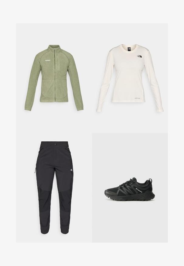 Fleecejack in olijfgroen, met een hoge kraag, ritssluiting en een schuin borstzakje. Gladde textuur met contrasterende naden.; The North Face SHADOW LONG SLEEVE - Longsleeve - white dune; Zwarte outdoorbroek gemaakt van duurzaam materiaal. Voorzien van ritszakken, versterkte knieën en een rechte snit voor optimale bewegingsvrijheid.; Columbia PEAKFREAK - Outdoorschoenen - black