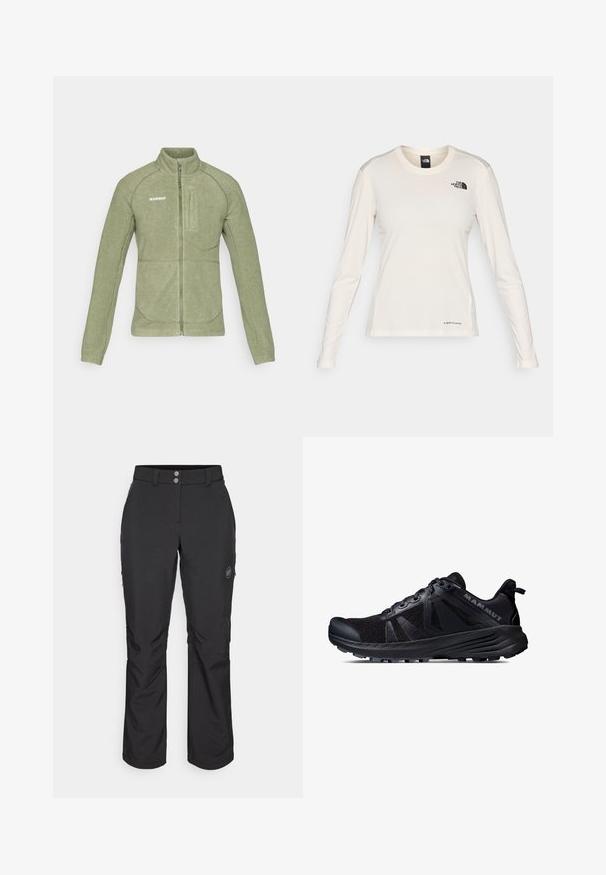 Fleecejakke i olivengrøn, med høj krave, lynlås lukning og skrå brystlomme. Glat tekstur med kontrasterende sømme.; The North Face SHADOW LONG SLEEVE - Langærmet T-shirt - white dune; Sorte udendørsbukser med lige snit, der har knaplukning, lynlåslommer i siderne og et logo-patch på venstre lår.; Sort trailsko til løb med mesh-overdel og gummisål. Har strukturerede overflader, forstærket tåhætte og brandlogo på hælen.