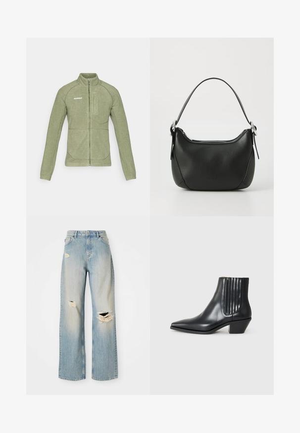 Jachetă din polar de culoare verde măslinie, are un guler înalt, închidere cu fermoar și buzunar pe piept poziționat în unghi. Textură netedă cu cusături contrastante.; Top gri fără mâneci, cu croială aderentă, textură răsucită, material neted, cu guler înalt și decupaje elegante la umăr.; Jeans drepti de culoare albastru deschis, cu talie înaltă, bucle pentru curea și găuri uzate pe coapsa stângă, genunchiul drept și partea inferioară a piciorului stâng.; Cizme negre din piele, până la gleznă, cu vârful ascuțit, panouri elastice pe laterale cu striații verticale și toc mic, de tip bloc. Textură netedă și design elegant.; Geantă de mână din piele neagră cu o formă curbată, fermoar argintiu și o mânere scurtă. Previne un logo subtil pe față și o textură netedă.