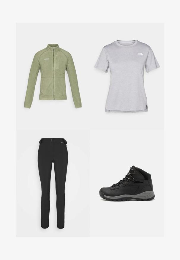 Flis jakna u maslinastoj zelenoj boji, s visokim ovratnikom, zatvaranjem na zip i kutnim džepom na prsima. Glatka tekstura s kontrastnim šavovima.; Siva kratka majica s kratkim rukavima izrađena od mekog, tkanog materijala koji upija vlagu. Ima okruglu izrez i mali bijeli logo na gornjem lijevom dijelu.; Crne, uske hlače izrađene od fleksibilnog materijala. Karakteristike uključuju bočni džep sa zipom, artikulirana koljena i glatku teksturu.; Crne planinarske čizme s dizajnom srednjeg vrha, sa teksturiranim gornjim dijelom, sivim akcentima i izdržljivom gumom potplatom s uzorkom za prianjanje.