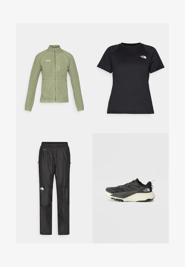 Giacca in pile verde oliva, presenta un alto colletto, chiusura con zip e tasca sul petto angolata. Texture liscia con cuciture a contrasto.; T-shirt atletico nero a maniche corte con collo rotondo e il logo The North Face sul lato sinistro del petto.; Pantaloni impermeabili neri realizzati in tessuto leggero, dotati di cintura elastica, tasche laterali e un logo sulla gamba sinistra.; Scarpa da ginnastica nera con tomaia testurizzata, con accenti grigi e un sottopiede bianco. Include una linguetta sul retro e un logo del marchio ben visibile sul tallone.