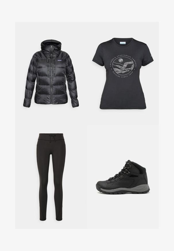 Crna izolirana puffer jakna s kapuljačom, prednji zip, dva vertikalna džepa na prsima s zipom i bočna džepa sa zipom, vidljiv Patagonia logo.; Crna Columbia majica s bijelim kružnim crtežom planine i rijeke te natpisom "Columbia Sportswear Company Outside Since 1938."; Crne tajice s visokim strukom, uzicom, glatkom teksturom i uskim dizajnom. Imaju šavove duž bokova.; Crne planinarske čizme s dizajnom srednjeg vrha, sa teksturiranim gornjim dijelom, sivim akcentima i izdržljivom gumom potplatom s uzorkom za prianjanje.