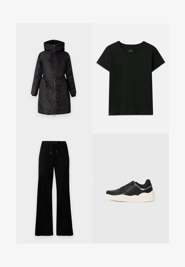 Černý vyp padded kabát s vysokým límcem, zipovým zapínáním a dlouhými rukávy. Texturovaná látka s jemným vzorem a elastickými manžetami.; Černé tričko s krátkým rukávem vyrobené z bavlny. Má kulatý výstřih a vyražený text "Armani Exchange" podél ramene. Jednoduchý design.; Černé široké tepláky s elastickým pasem a šňůrkou, bočním rozparkem, měkkým materiálem a elegantním designem.; Černé kožené tenisky se silnou krémovou podrážkou, zlatým řetízkovým akcentem a černými tkaničkami. Hladký povrch s embosovaným logem po straně.
