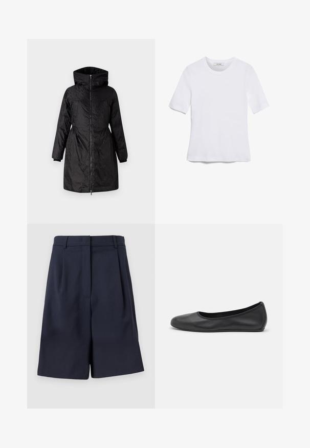 Palton negru căptușit, cu guler înalt, închidere prin fermoar și mâneci lungi. Material texturat cu un model subtil și manșete elastice.; Tricou alb cu mânecă scurtă, confectionat dintr-un material texturat. Gât rotund, tăietură regulară și detalii subtile de cusătură. Fără modele sau grafice.; Șorturi bleumarin, croite, fabricate dintr-un material neted, cu talie înaltă, pliuri în față și buzunare pe laterale. Siluetă curată și structurată.; Balerini din piele neagră, cu vârf rotund, textură netedă, detalii de cusătură minimale și un design al tălpii flexibil.