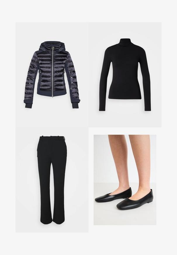 Meripahka puuvillane takki, millel on lukuga eesmine osa, kapuuts ja soonikust mansetid. Sellel on horisontaalsed tikandid ja peegeldavad aktsendid varrukatel.; Musta poolikauluspaita, joka on valmistettu joustavasta kankaasta. Siinä on pitkät hihat, kireä muotoilu ja sileä pinta ilman kuvioita tai koristeita.; Musta, muotoiltu housut, joissa on sileä viimeistely, suora lahjerakenne ja vyötärö. Ominaisuuksia hienovaraisia ompeluyksityiskohtia ja ei taskuja.; Musta balettikenkä, joka on valmistettu sileästä nahasta, pyöreällä varvassaralla ja matalalla, litteällä pohjalla. Kengissä on helppo pukea ja niissä ei ole näkyvää metalliosaa.