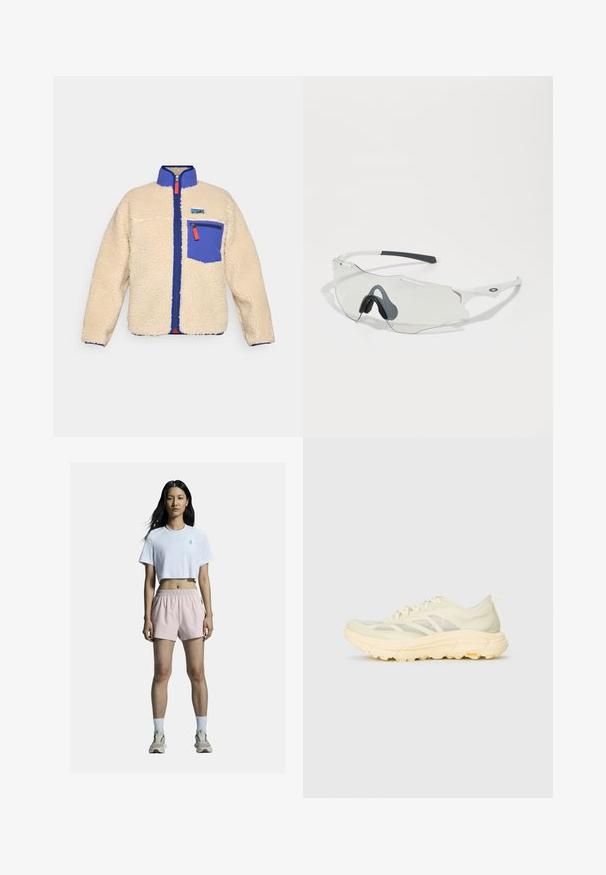 Beige színű poliészter kabát kék gallérral és zsebbel. Az elülső részén narancssárga húzózsinórral ellátott cipzár található, valamint egy kis logó a mellkason.; Világosszürke, hosszú ujjú crop top, rugalmas anyagból készült, lekerekített nyakkivágással és elegáns dizájnnal. Fekete, magasderekú leggings-szel párosítva.; Fehér, cropped póló logóval, világos rózsaszín sportnadrággal, rugalmas derékkal párosítva. Fehér zoknik és semleges színű sportcipők teszik teljessé a szettet.; Világos beige sportcipő átlátszó felsőrésszel, vastag párnázott talppal, oldalról fűzhető, és Vibram logóval a külső talpon.; Tiszta lencsés napszemüveg, fehér kerettel és szürke gumi orrtartókkal. Sleek dizájn, szögletes forma és minimális fém részletek jellemzik.