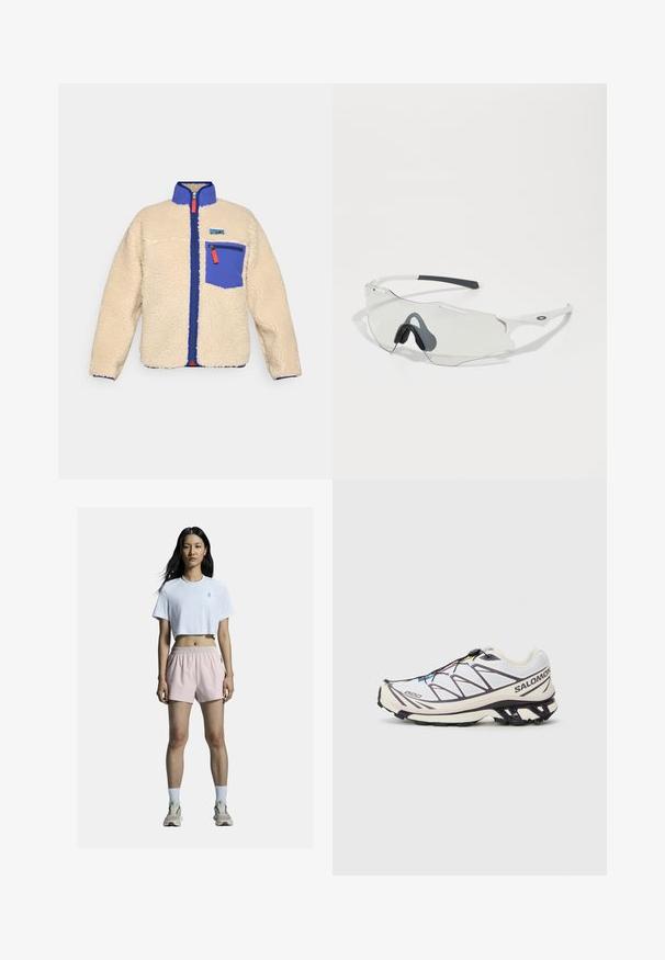 Beżowa kurtka polarowa z niebieskim kołnierzem i kieszenią. Posiada przedni zamek błyskawiczny z pomarańczową zawieszką oraz małe logo na klatce piersiowej.; Jasnoszary, długi top typu crop z elastycznego materiału, z okrągłym dekoltem i eleganckim fasonem. W połączeniu z czarnymi legginsami o wysokim stanie.; Biała krótka koszulka z logo, połączona z jasnoróżowymi szortami sportowymi z elastycznym pasem. Białe skarpetki i neutralne sneakersy dopełniają strój.; Buty biegowe Salomon z białą siateczką i fioletowymi akcentami, z teksturowaną podeszwą i mechanizmem szybkiego sznurowania.; Okulary przeciwsłoneczne z przezroczystymi soczewkami, białą oprawką i szarymi gumowymi podkładkami na nos. Cechują się eleganckim designem, kanciastym kształtem i minimalnymi akcentami sprzętowymi.; Czarna torba na ramię wykonana z teksturowanej tkaniny, z ukośnym wzorem, regulowanym paskiem i ściągaczami po bokach.