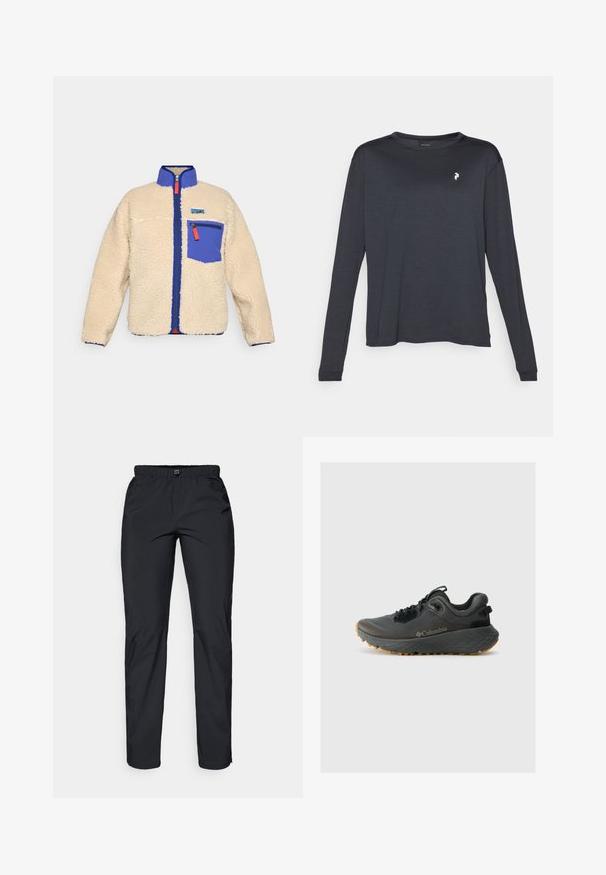 Fleecjaket i beige med en blå krage och ficka. Har en framdragkedja med en orange dragflik och en liten logga på bröstet.; Mörk långärmad T-shirt i texturerad tyg, med rund halsringning och en liten vit logotyp på vänster bröst.; Svart, lättvikts, vattentåliga byxor med elastisk midja och två sidofickor; mjuk yta; rak ben-design.; Columbia TERRASTRIDE CRZ - Hikingskor - shark/black