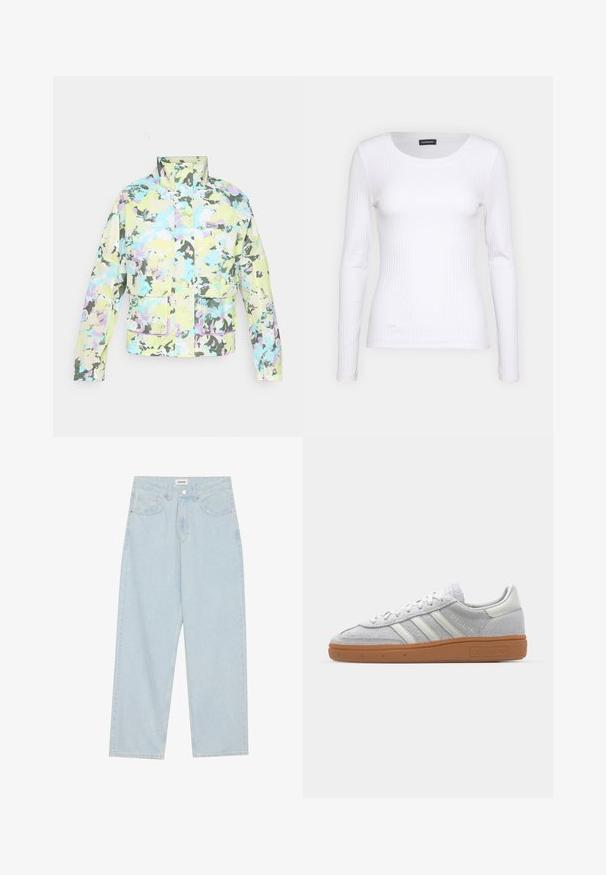 Multifarvet jakke med et camouflage mønster i pastelfarver. Har krave og to forlommer. Struktureret stof med subtil glans.; Hvid ribbet langærmet trøje med rund halsudskæring. Fremstillet af et strækstof, der sidder tæt til kroppen. Har subtile horisontale linjer.; Lysblå vidde jeans lavet af denim, med mid-rise talje, fem lommer og en knaplukning med en slank metalaccent.; Lys grå ruskinds sneaker med hvide læderdetaljer, tre hvide striber og en brun gummisål, der har en polstret krave for komfort.