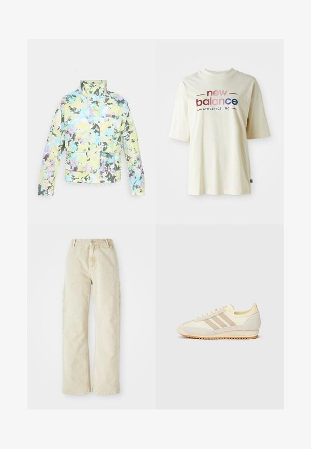 Giacca multicolore con un motivo camouflage in tonalità pastello. Presenta un colletto rialzato e due tasche frontali. Tessuto texturizzato con una leggera lucentezza.; T-shirt in cotone color crema con maniche corte, caratterizzato da un logo "new balance" colorato e dalla scritta "ATHLETICS INC.".; Pantaloni in denim beige a gamba larga con vita alta, dotati di chiusura frontale con bottone e zip, passanti per cintura e tasche laterali. Tessuto morbido.; Sneaker sportivo crema con tre strisce beige, materiali in suede e tessuto, suola testurizzata e logo in rilievo sul tallone.