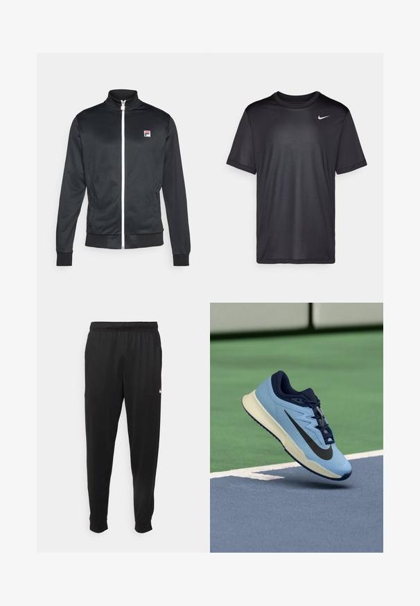Fila JACKET MANUEL - Training jacket - black/white; Black athletic t-shirt with short sleeves, round neck, made of smooth fabric. Features a small white Nike logo on the upper left.; Black athletic pants made of smooth fabric, featuring an elastic waistband, tapered legs, and a small white logo on the left side.; Light blue athletic shoe with navy accents, textured mesh upper, and black Swoosh logo. Features a cushioned midsole and rubber outsole.