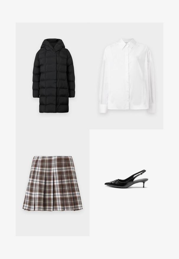 Crna puffer jakna s kapuljačom, sa kviltanim dizajnom, dugim rukavima i siluetom do koljena za toplinu i pokrivenost.; Bjela košulja dugih rukava s dugmadi, napravljena od glatke mješavine pamuka. Ima klasični ovratnik, prednje zatvaranje na dugmad te zakrivene manžete.; Smeđa i bijela karirana suknja s naborima, čvrste strukture i oštrog tekstura, koja ima visok struk i više vertikalnih nabora.; Crne kožne sandale na petu s ikkrenim nosom, malom kitten petom i dekorativnom mašnom sprijeda. Glatka tekstura svuda.